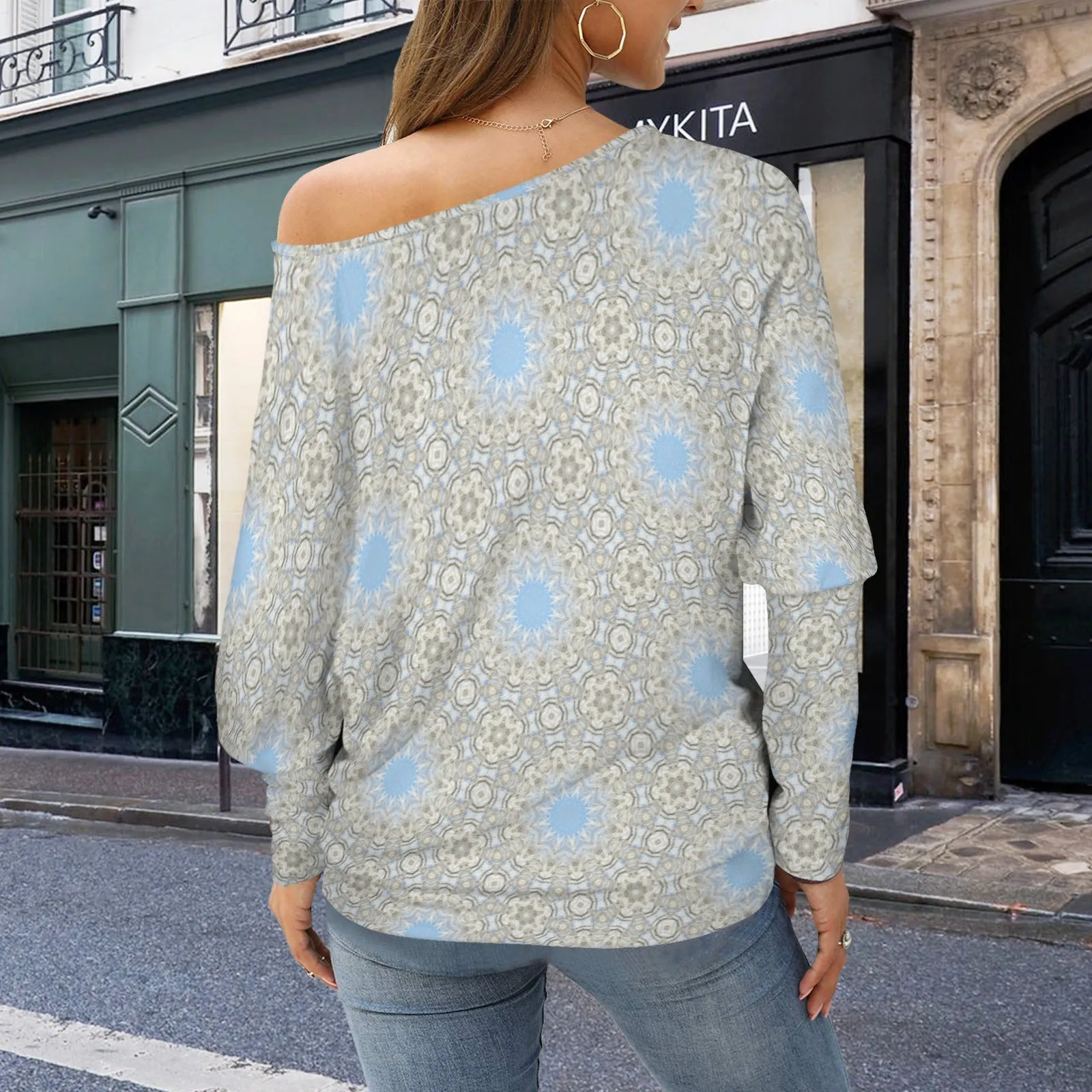 Batwing Long Sleeve Sweater Blue Dandelion Geometric