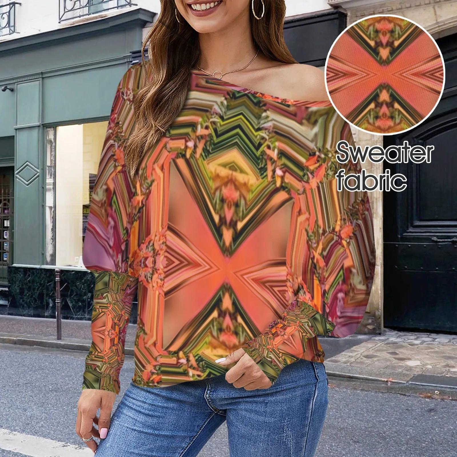 Batwing Long Sleeve Sweater Fall Leaves Geometric