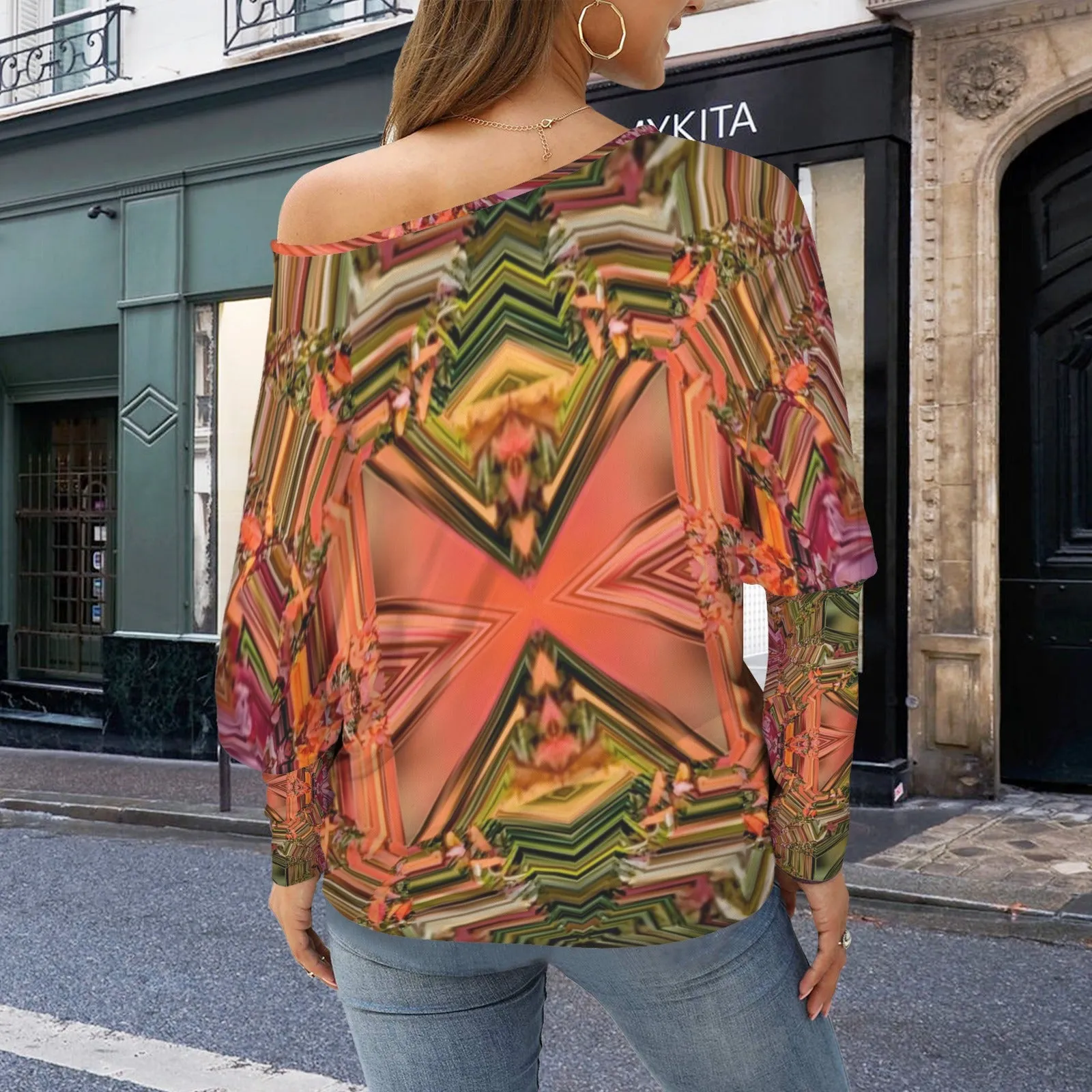 Batwing Long Sleeve Sweater Fall Leaves Geometric