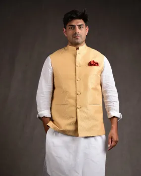 Beige Banarasi Tanchoi Handwoven Linen Cotton Mens Modi Jacket