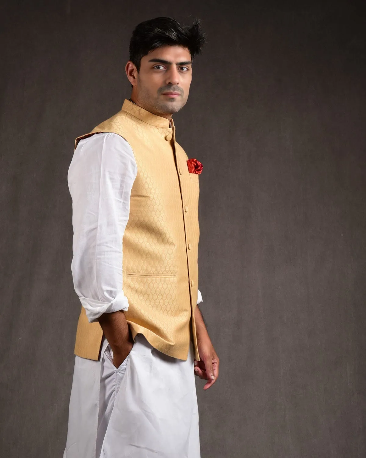 Beige Banarasi Tanchoi Handwoven Linen Cotton Mens Modi Jacket