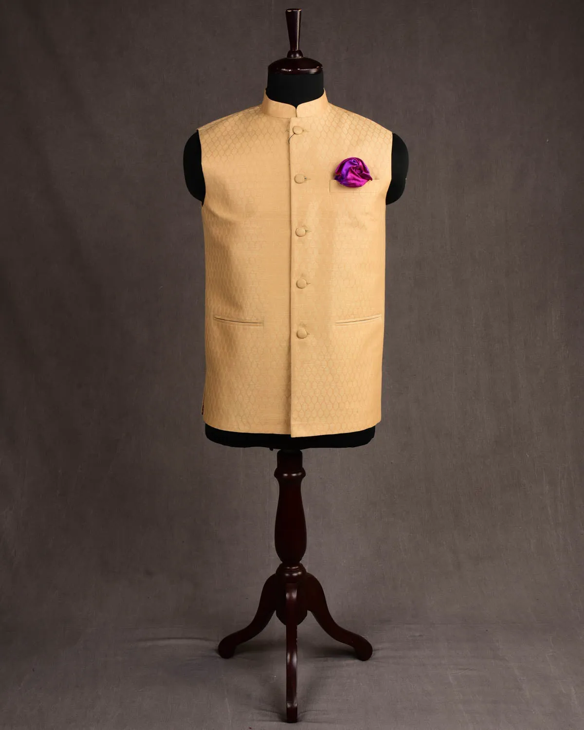 Beige Banarasi Tanchoi Handwoven Linen Cotton Mens Modi Jacket
