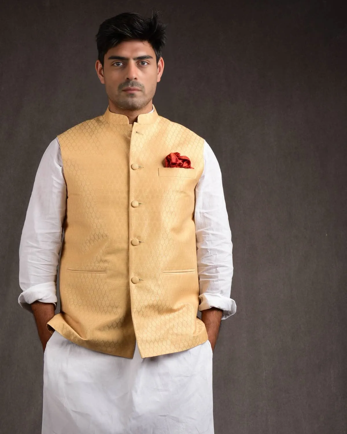Beige Banarasi Tanchoi Handwoven Linen Cotton Mens Modi Jacket