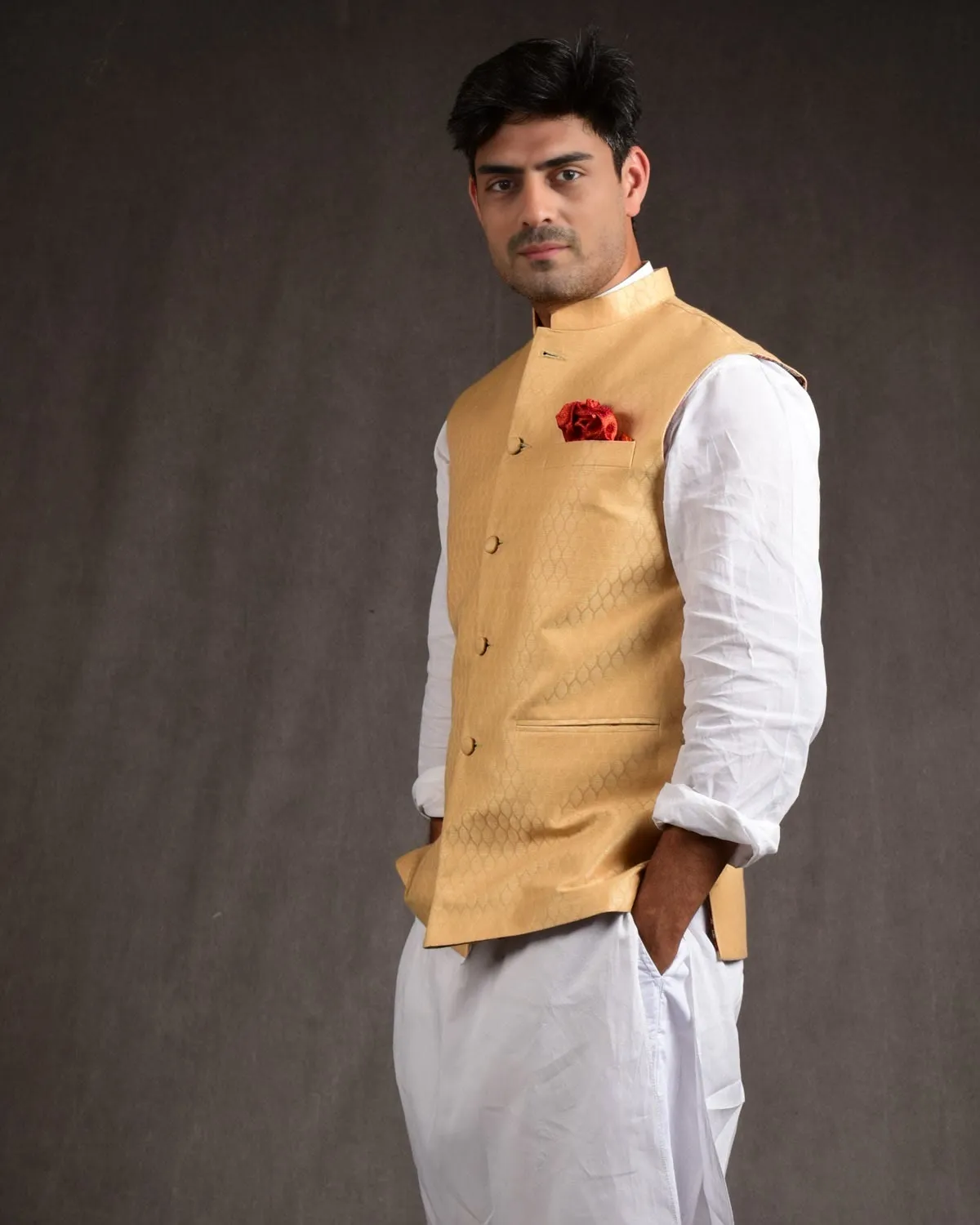 Beige Banarasi Tanchoi Handwoven Linen Cotton Mens Modi Jacket