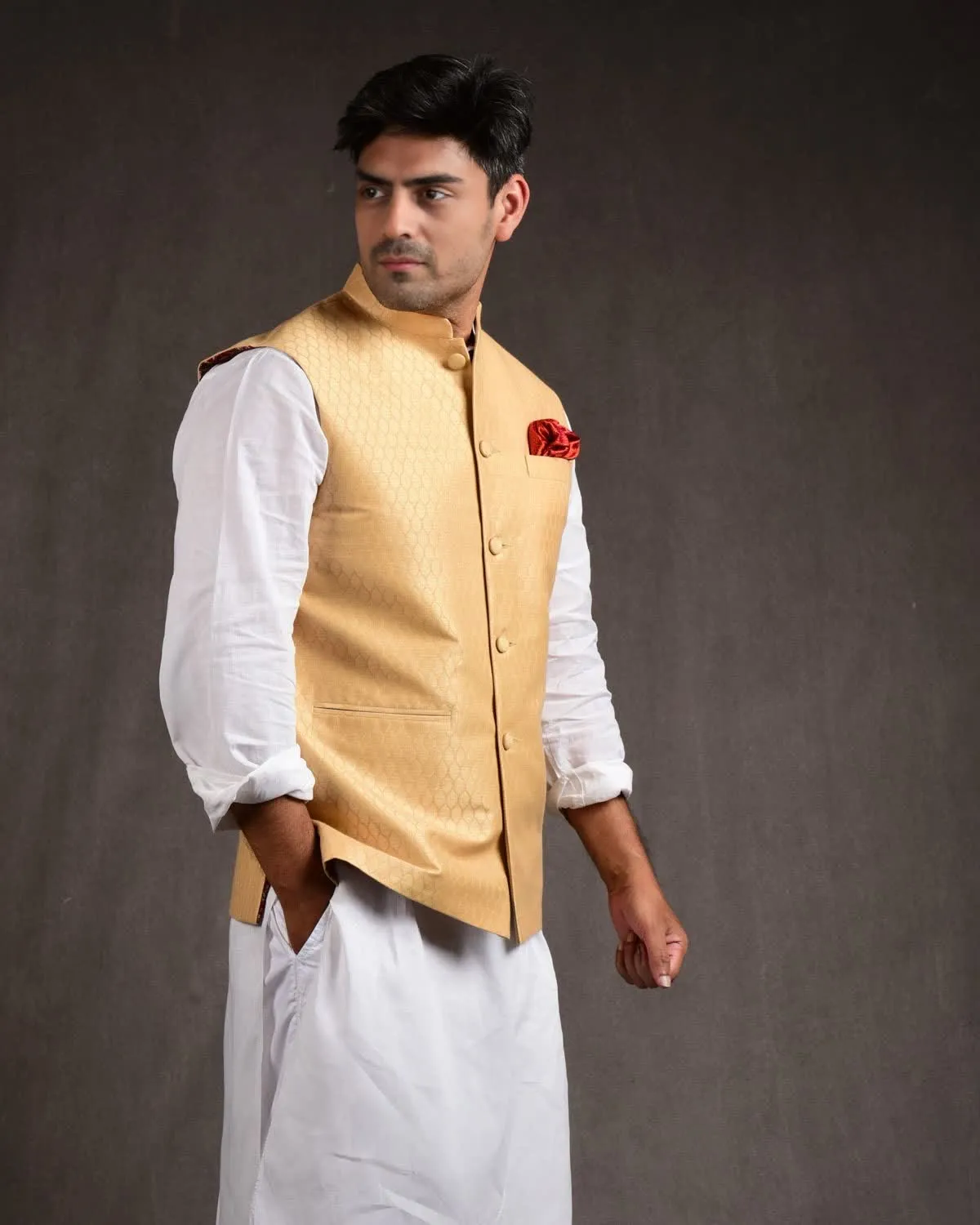 Beige Banarasi Tanchoi Handwoven Linen Cotton Mens Modi Jacket
