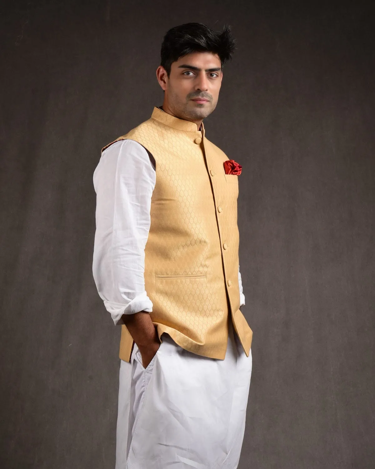 Beige Banarasi Tanchoi Handwoven Linen Cotton Mens Modi Jacket