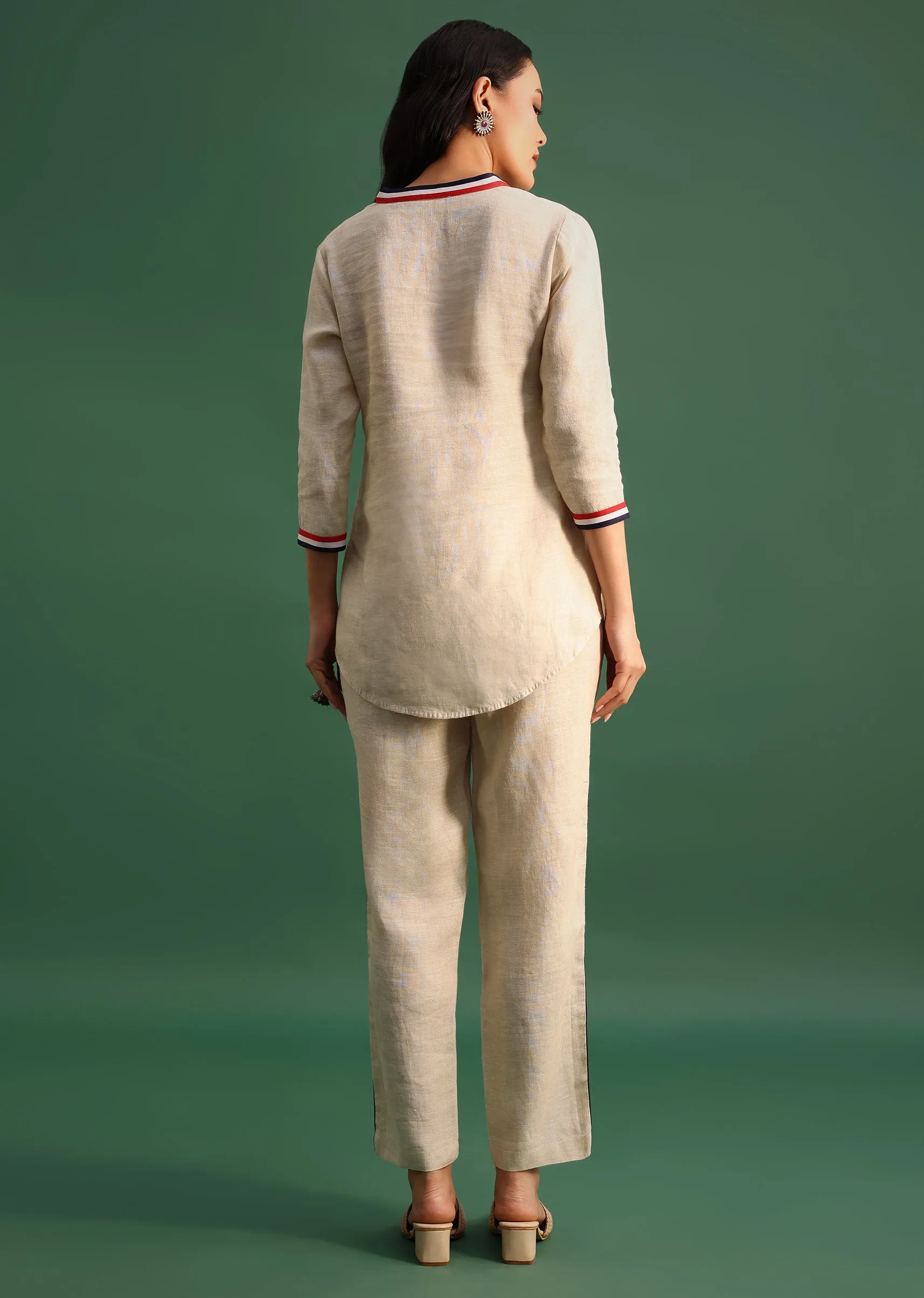 Beige Linen Top And Pant With Patch Work