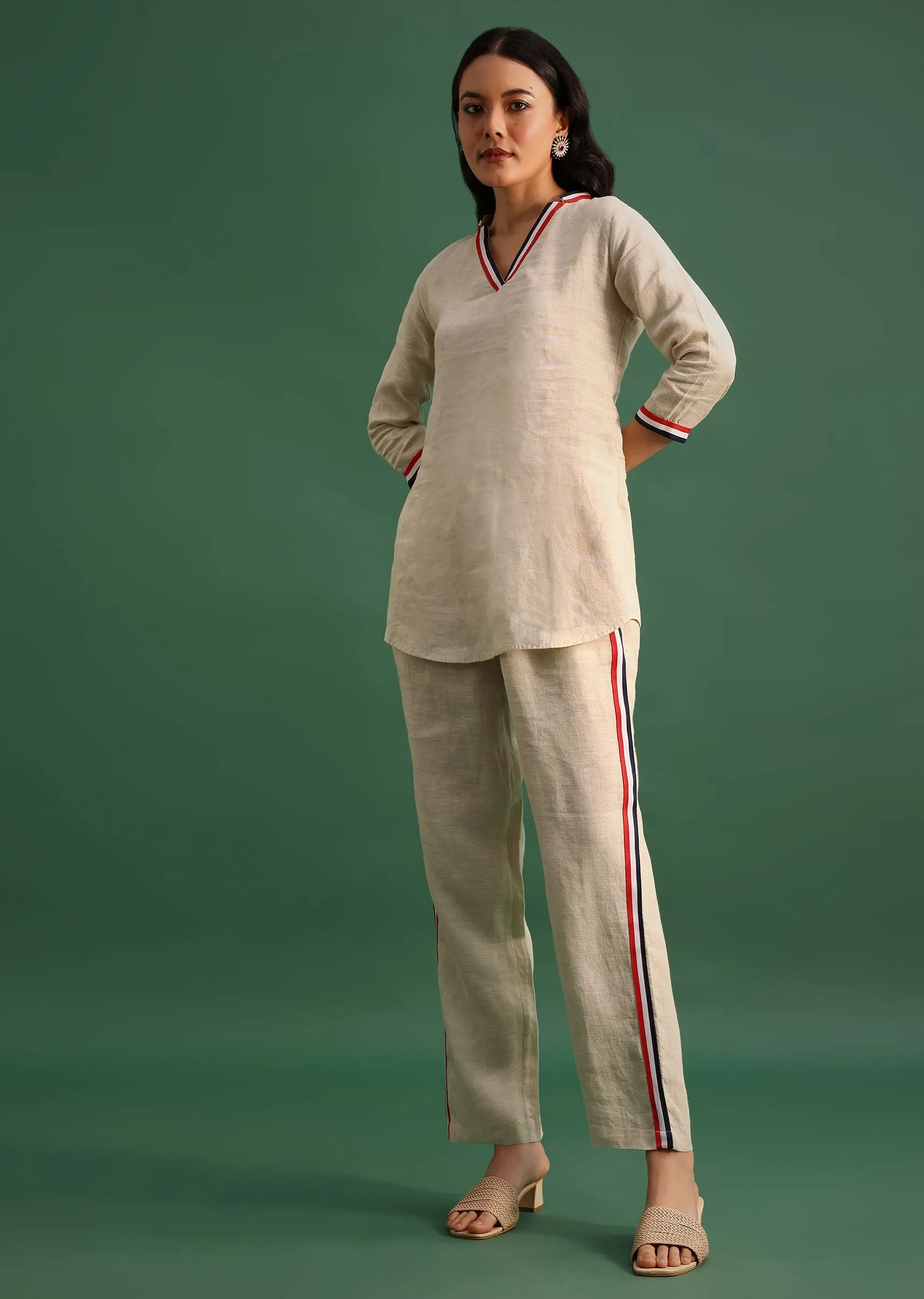 Beige Linen Top And Pant With Patch Work