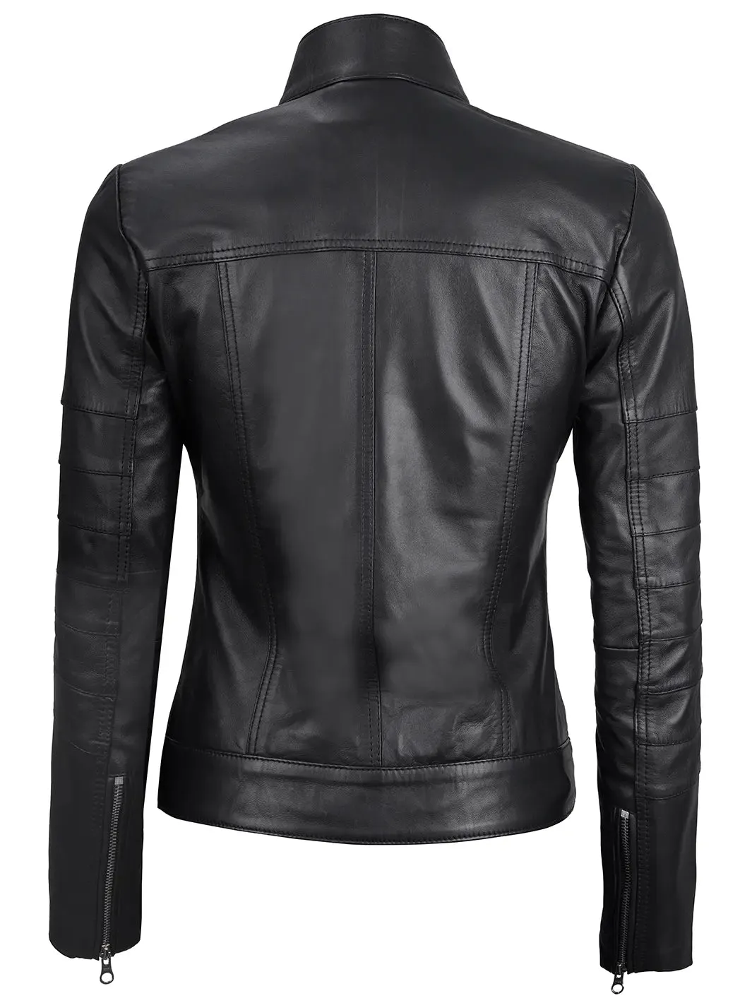 Bergamo Womens Black Real Leather Cafe Racer Jacket with Decorated Seams