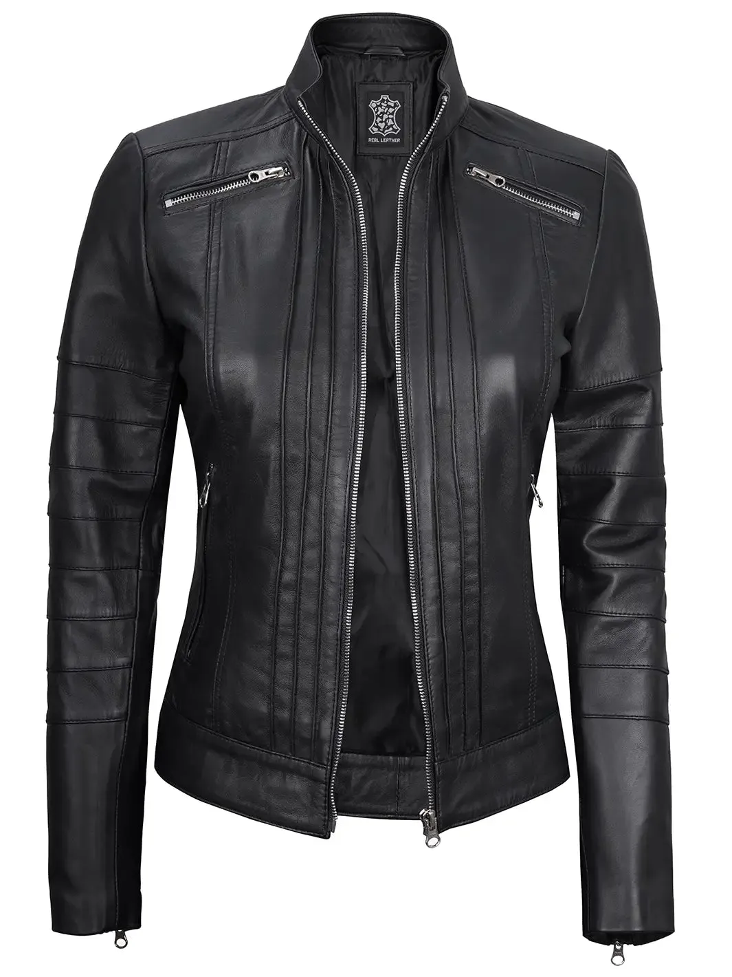 Bergamo Womens Black Real Leather Cafe Racer Jacket with Decorated Seams