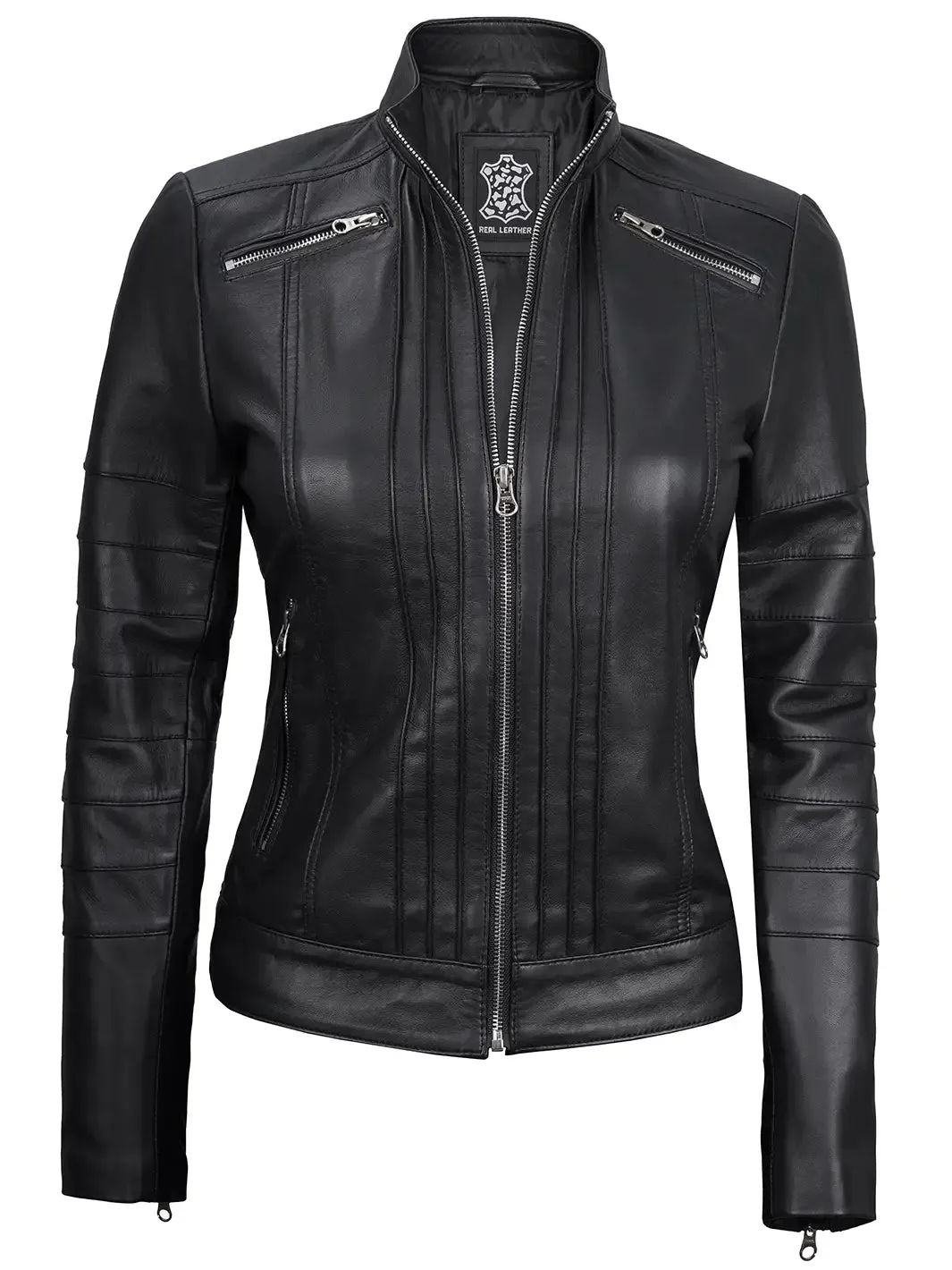 Bergamo Womens Black Real Leather Cafe Racer Jacket with Decorated Seams