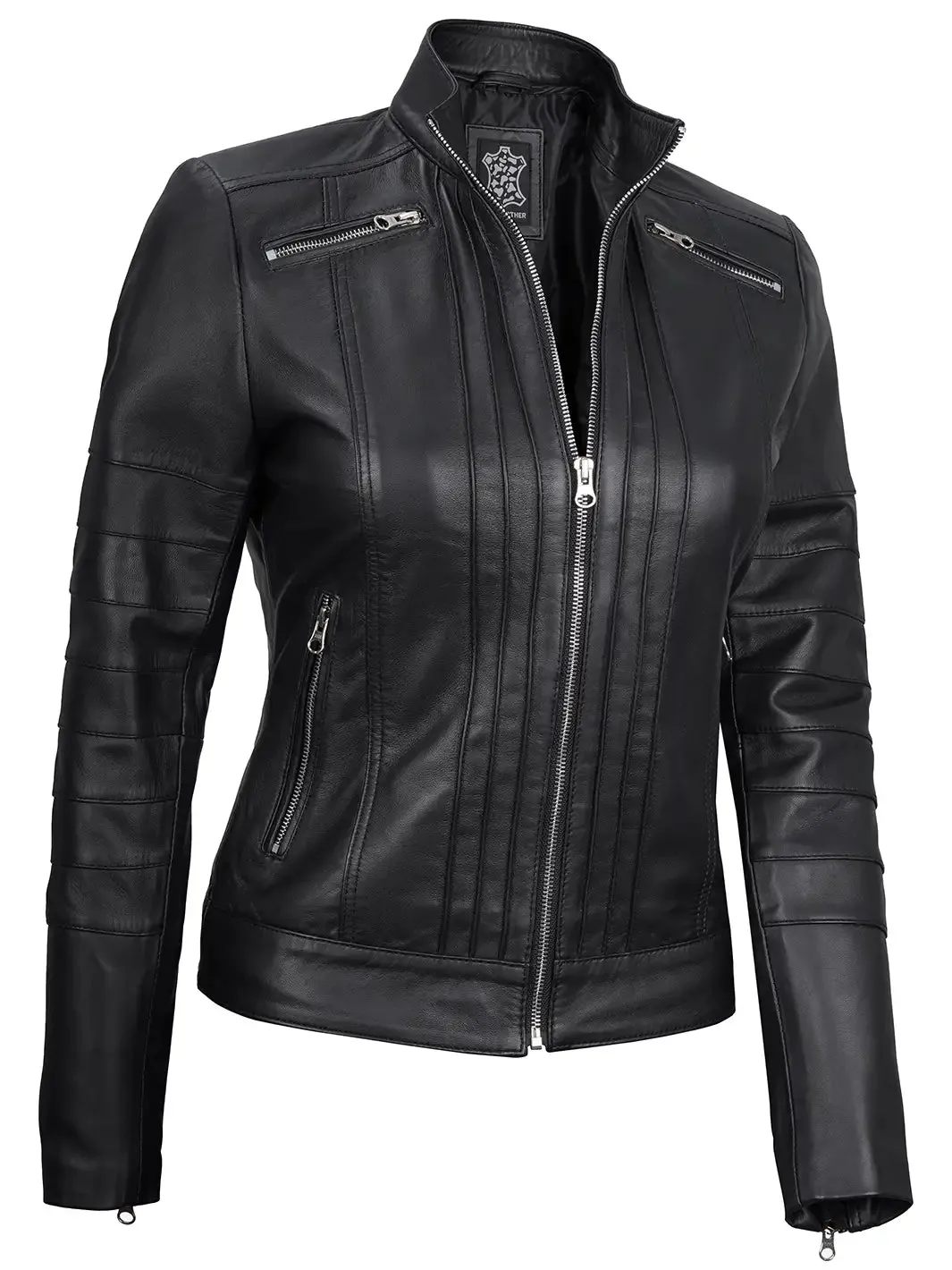 Bergamo Womens Black Real Leather Cafe Racer Jacket with Decorated Seams