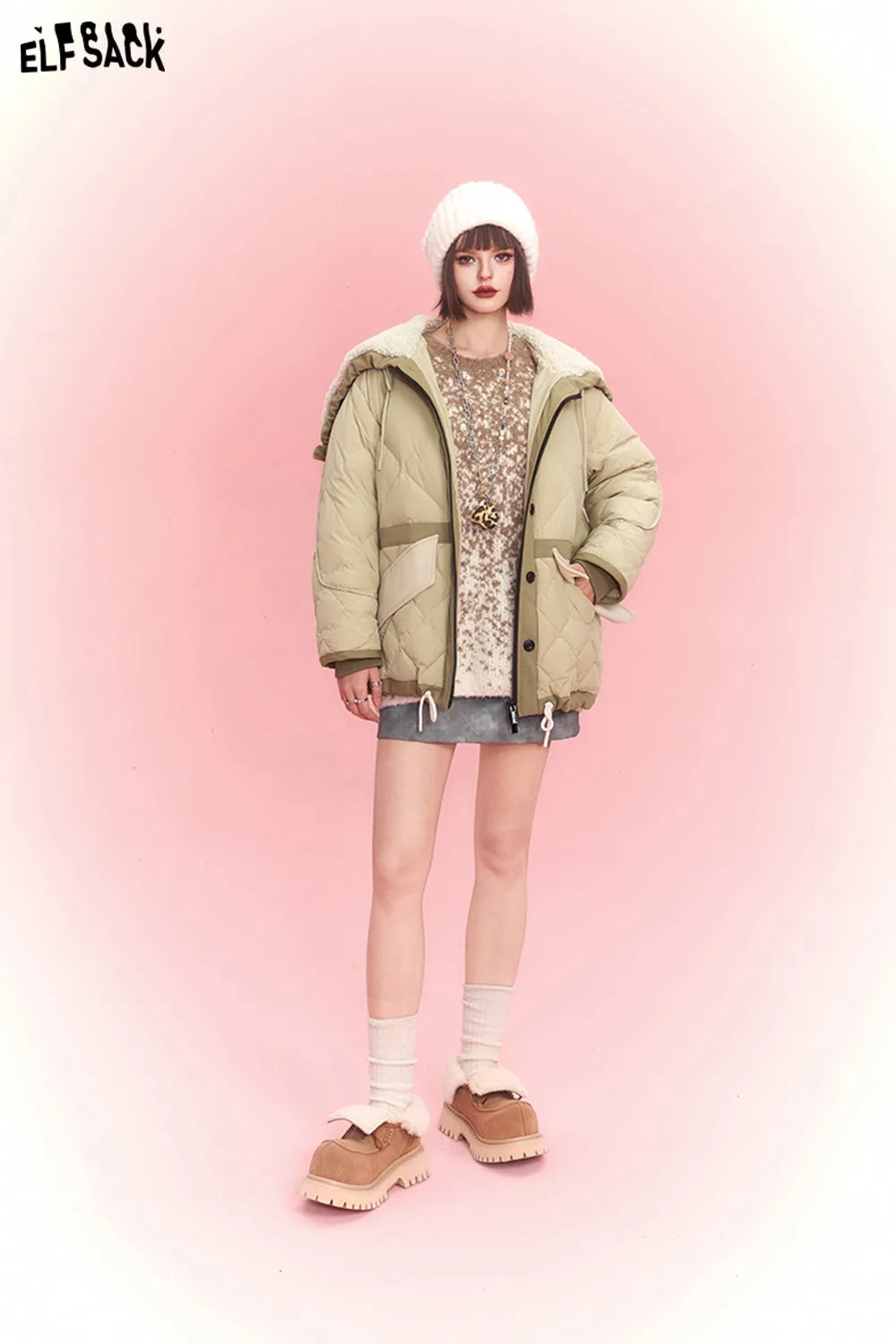 ELFSACK Spliced Thicken Hooded Down Coats Women 2023 Winter New Chinese Fashion Designer Jackets