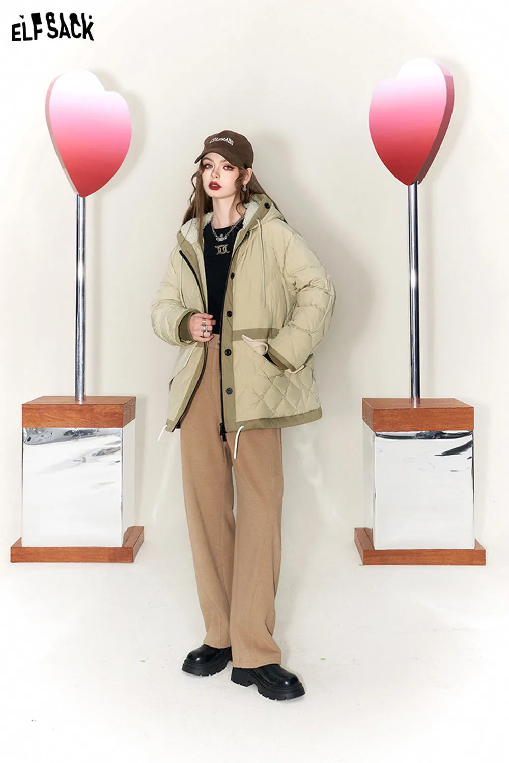 ELFSACK Spliced Thicken Hooded Down Coats Women 2023 Winter New Chinese Fashion Designer Jackets