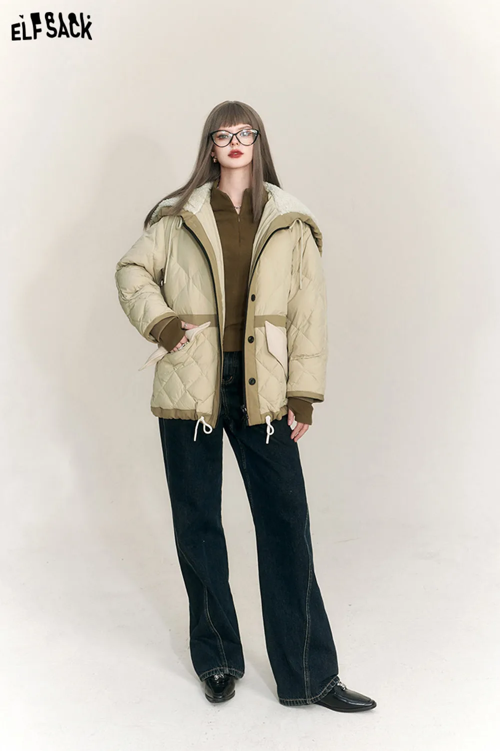 ELFSACK Spliced Thicken Hooded Down Coats Women 2023 Winter New Chinese Fashion Designer Jackets