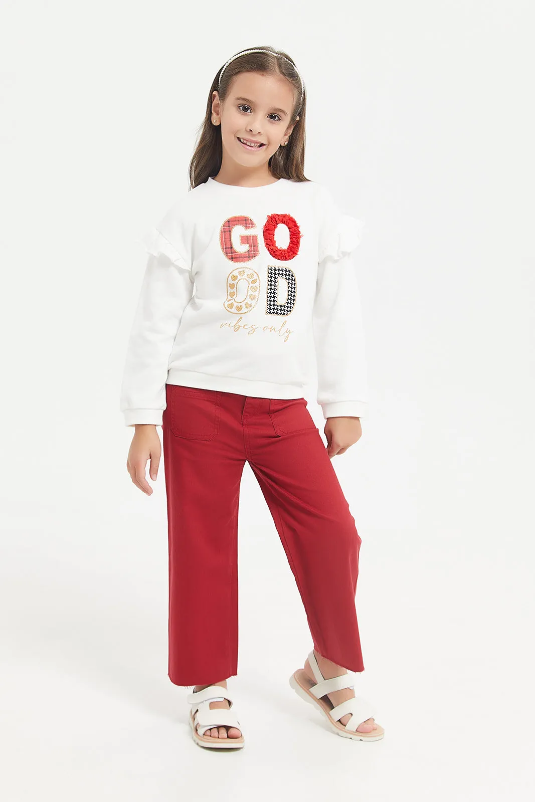 Girls White Applique Work Sweatshirt