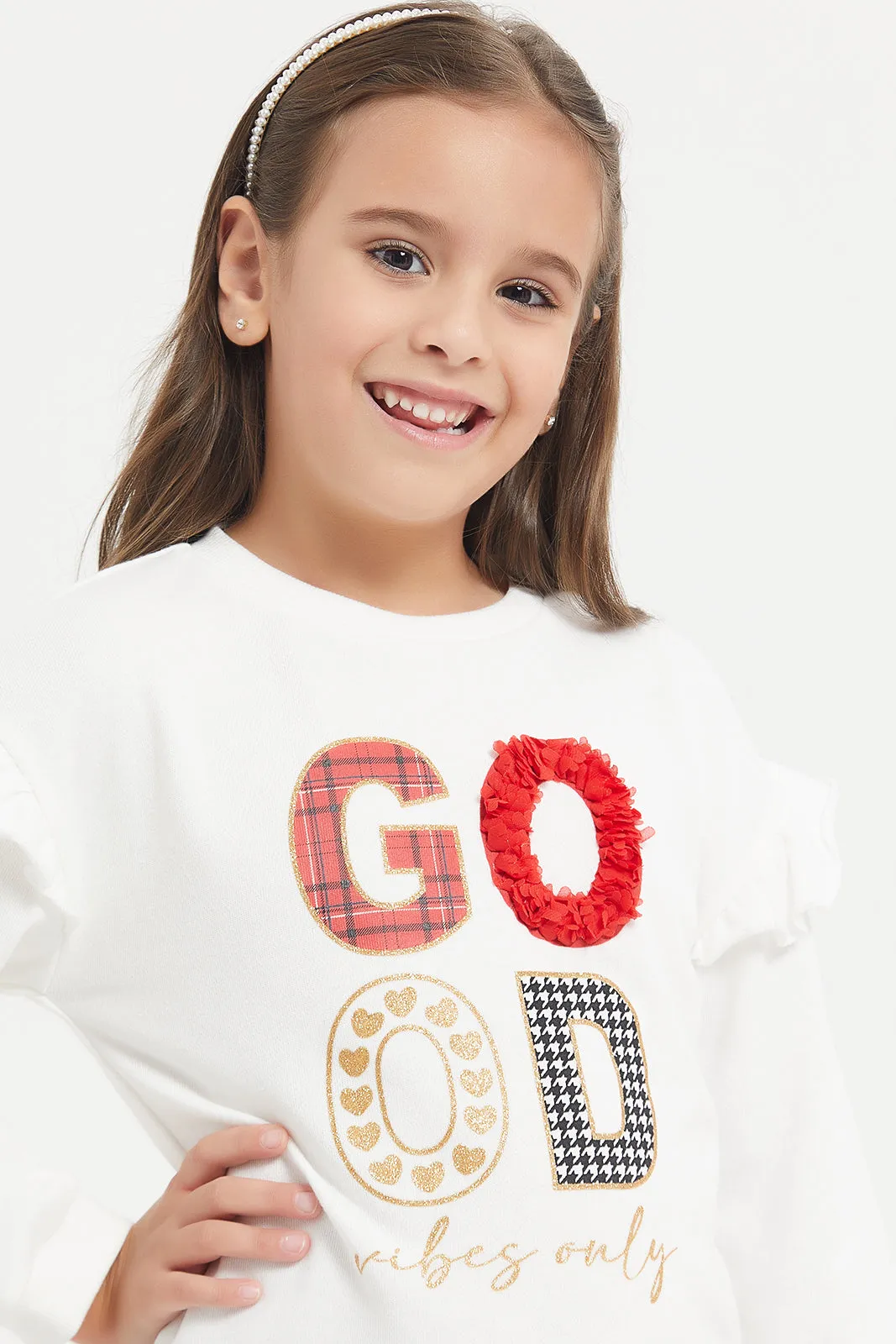 Girls White Applique Work Sweatshirt