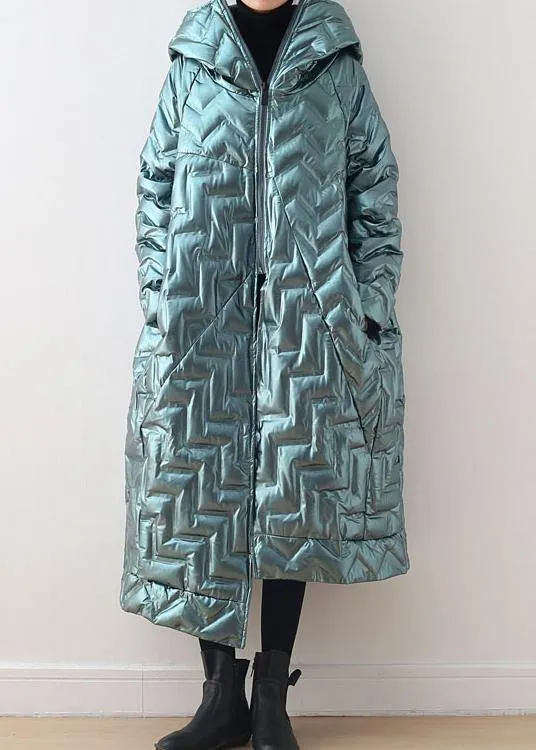 Green original design loose large size hooded high-end shiny down jacket thickened white duck down jacket