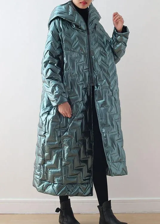 Green original design loose large size hooded high-end shiny down jacket thickened white duck down jacket
