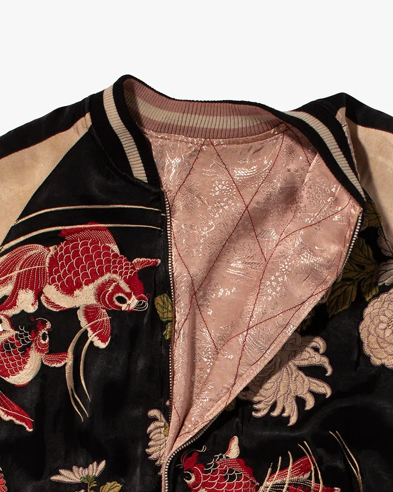 Japanese Repro Souvenir Jacket, Reversible, Black Goldfish and Chrysanthemums