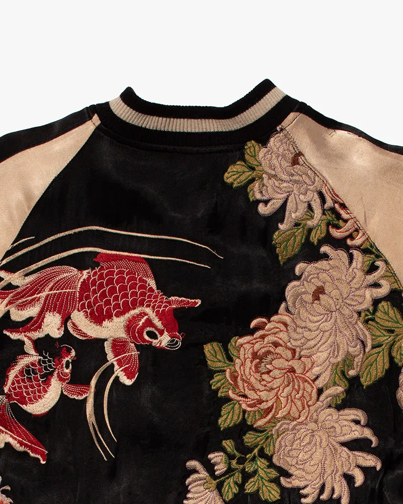 Japanese Repro Souvenir Jacket, Reversible, Black Goldfish and Chrysanthemums