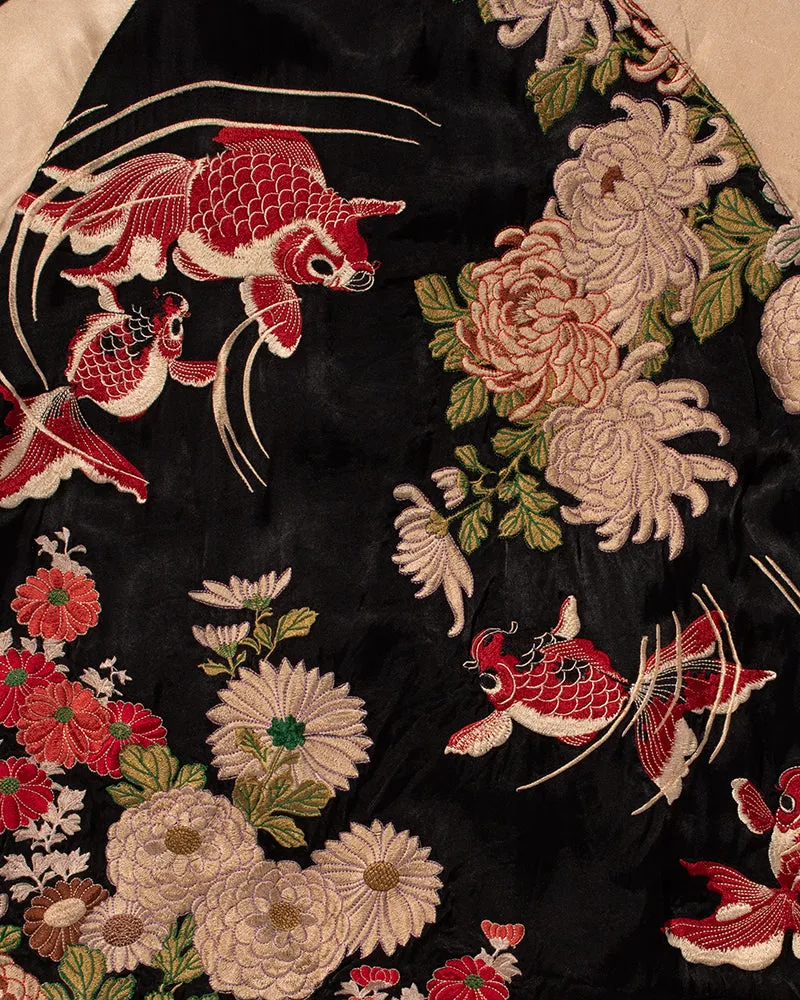 Japanese Repro Souvenir Jacket, Reversible, Black Goldfish and Chrysanthemums
