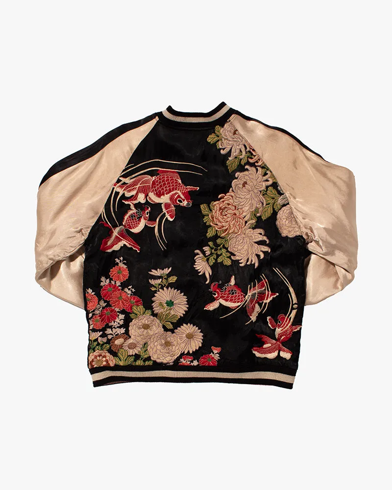 Japanese Repro Souvenir Jacket, Reversible, Black Goldfish and Chrysanthemums