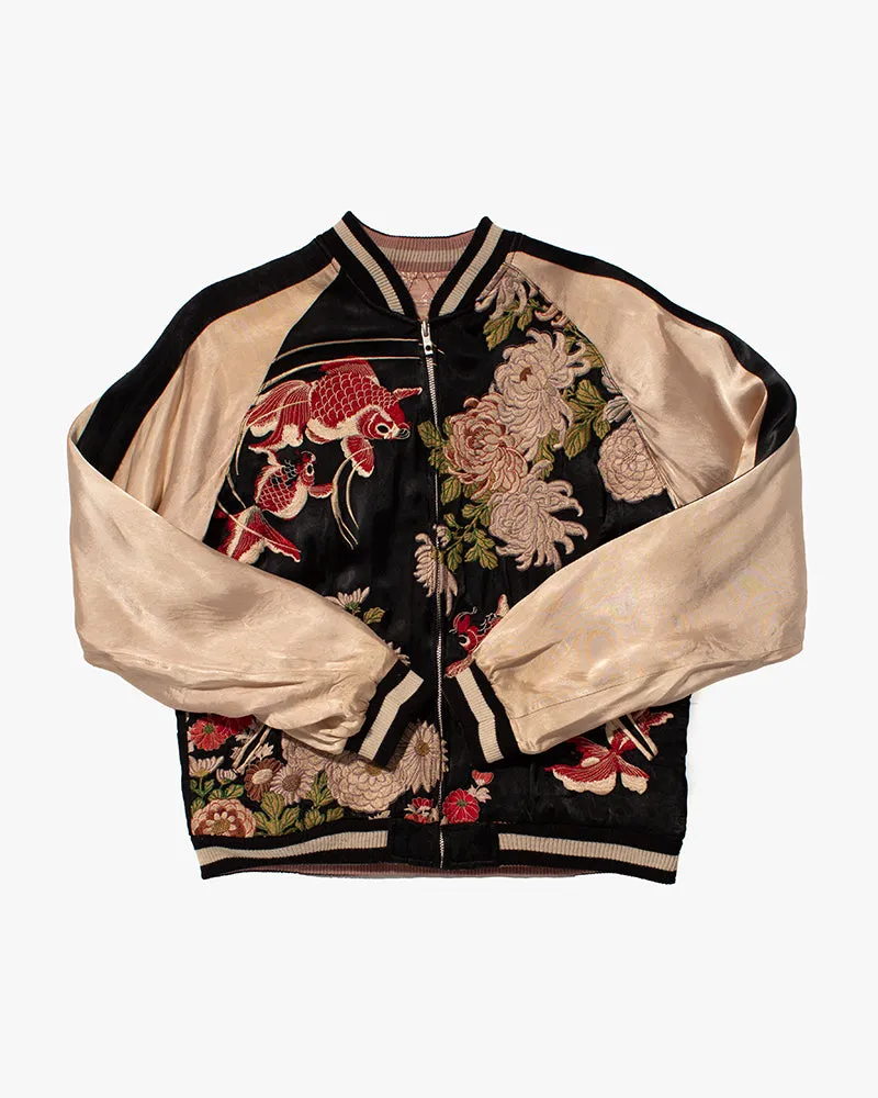 Japanese Repro Souvenir Jacket, Reversible, Black Goldfish and Chrysanthemums