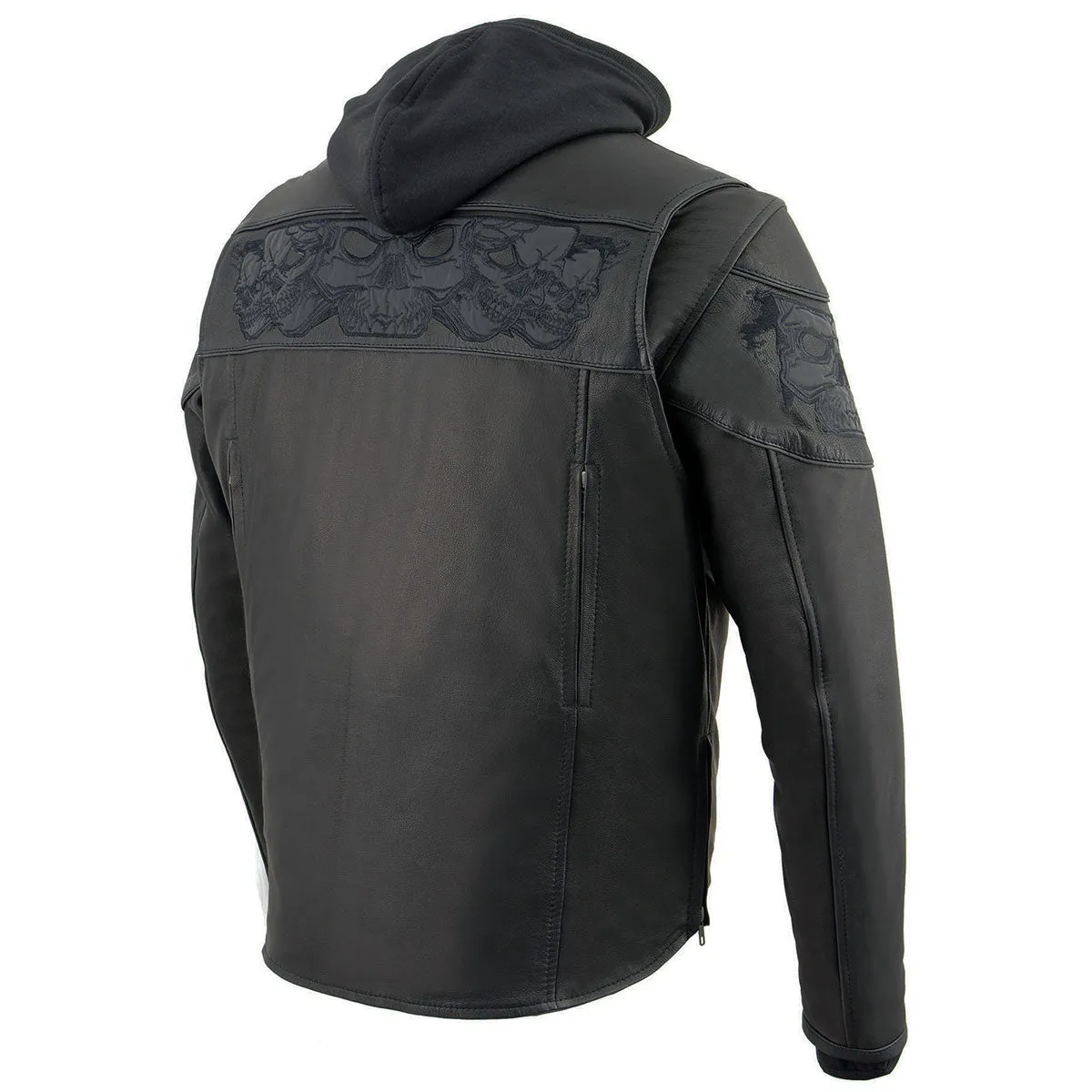 MLM1563 Men's Black Leather Scooter Style Motorcycle Jacket with Reflective Skulls w/ Hoodie
