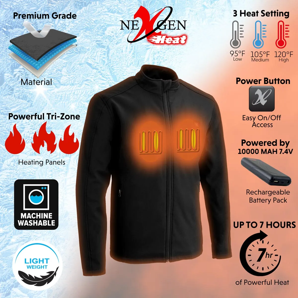 Nexgen Heat MPM1762SET Mens Soft Shell Heated Jacket - Black Standup Collar Jacket for Winter with Battery Pack