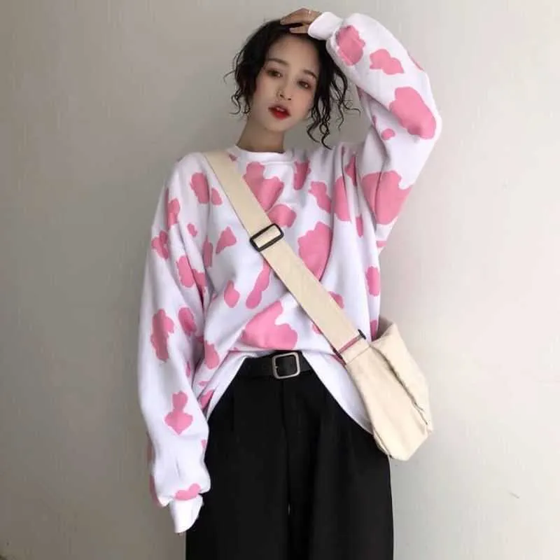 Pink Milk Cow Print Loose Crew Neck Sweater