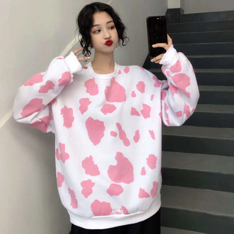 Pink Milk Cow Print Loose Crew Neck Sweater