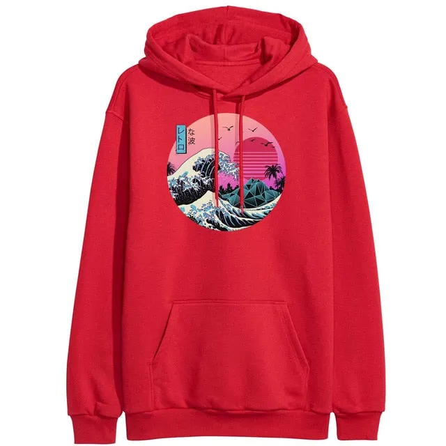 The Great Retro Wave Japan Anime Hoodies Sweatshirts Vaporwave Kanagawa Pullover Women Winter Harajuku Fleece Streetwear Outwear