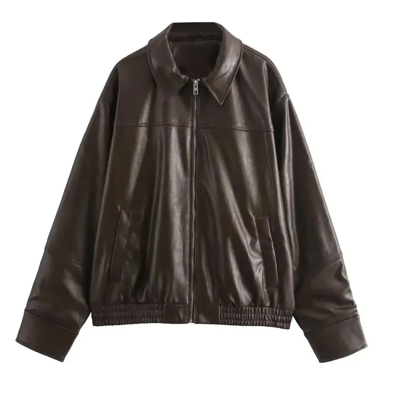 Women's Jackets Cropped Faux Leather Jacket Women Autumn Long Sleeve Black Bomber Jackets Fashion Demi-Season Jacket