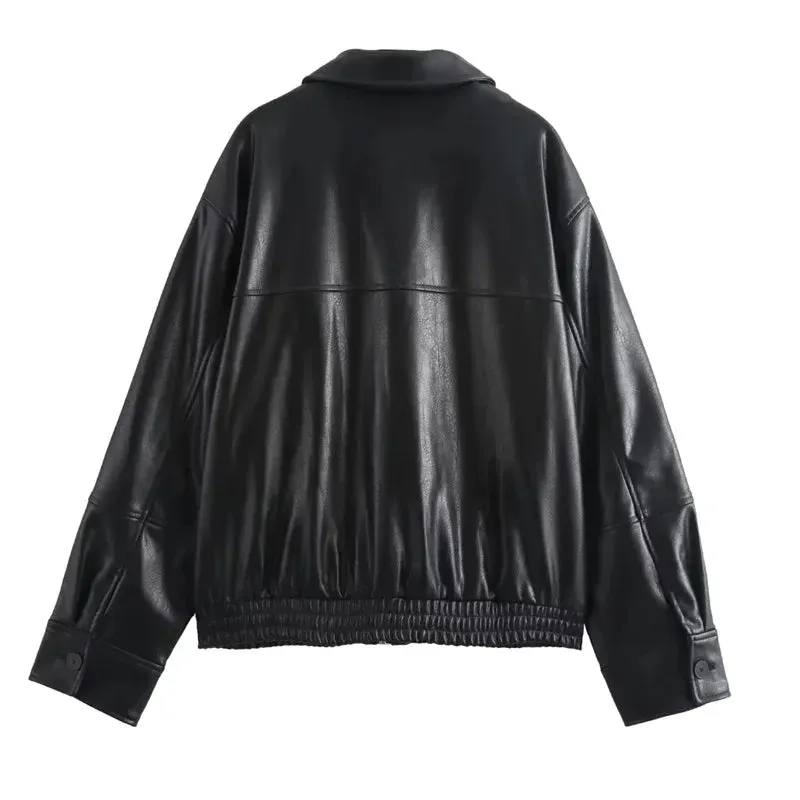 Women's Jackets Cropped Faux Leather Jacket Women Autumn Long Sleeve Black Bomber Jackets Fashion Demi-Season Jacket