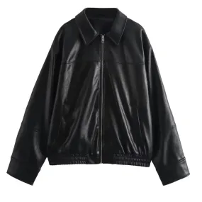 Women's Jackets Cropped Faux Leather Jacket Women Autumn Long Sleeve Black Bomber Jackets Fashion Demi-Season Jacket