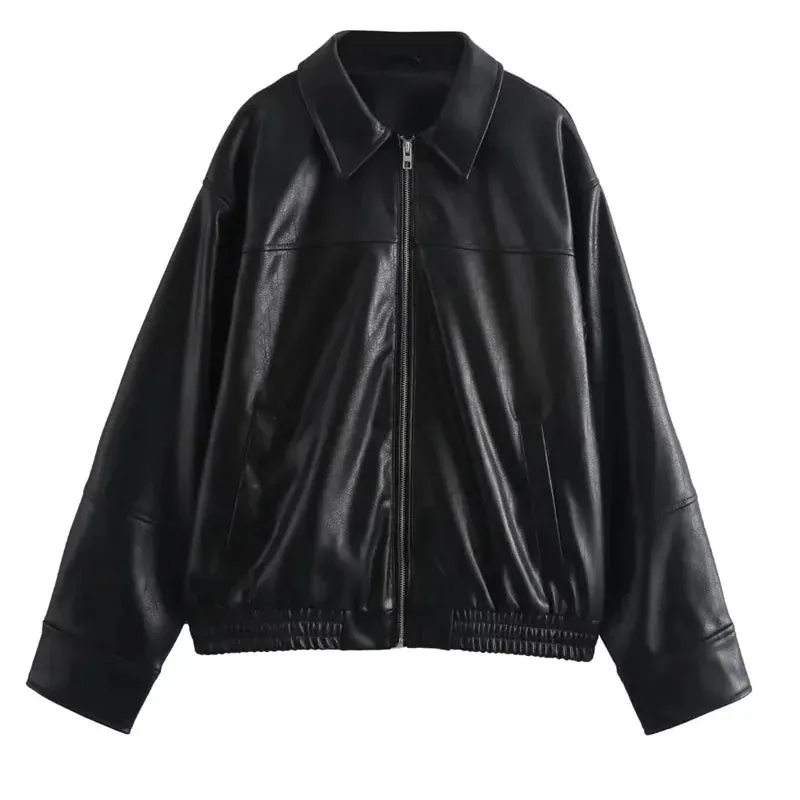 Women's Jackets Cropped Faux Leather Jacket Women Autumn Long Sleeve Black Bomber Jackets Fashion Demi-Season Jacket